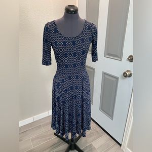 LulaRoe dress, S, blue, cream pattern